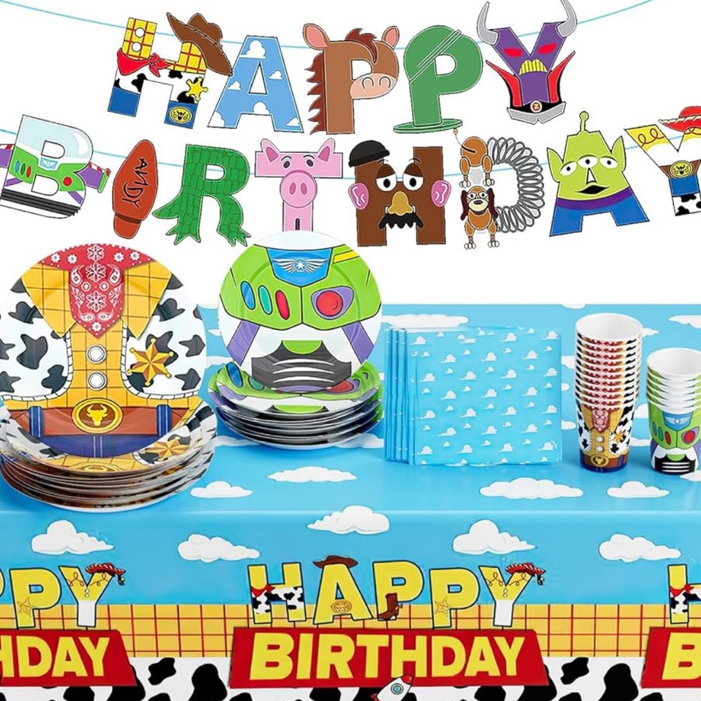 Toy Story type theme party goods set of twelve plates spoons forks cake plTey